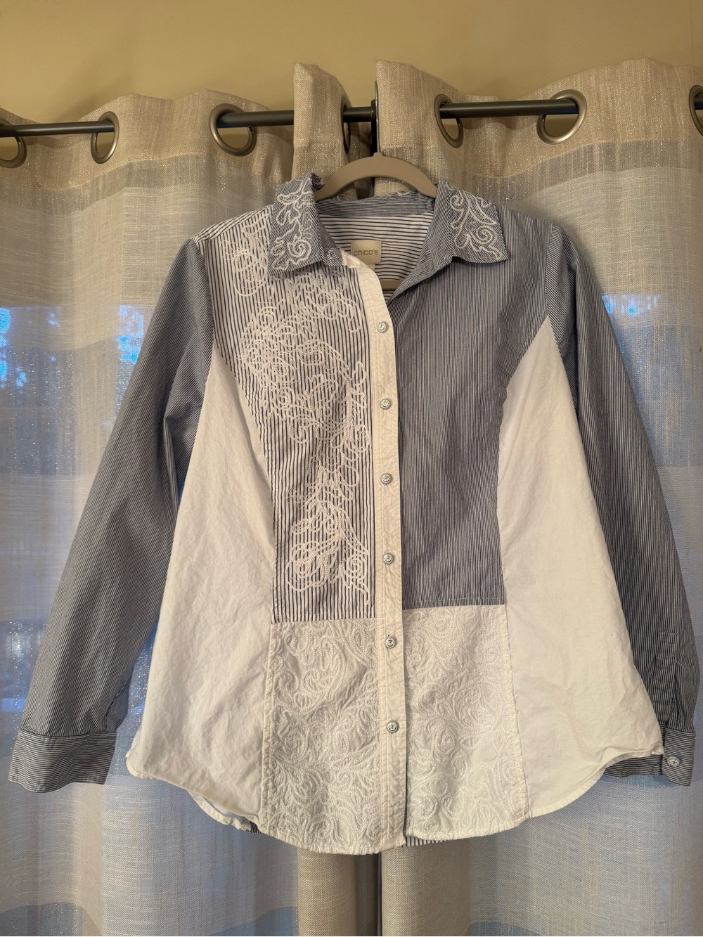 Chico's Blue and White Striped Button-Up Shirt